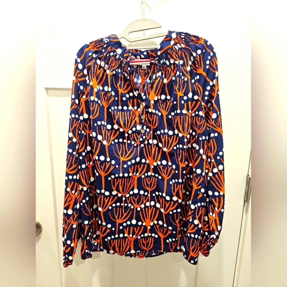 Buckhead Betties Women’s XXL Blouse Navy Orange Botanical Polka Dot Print Top